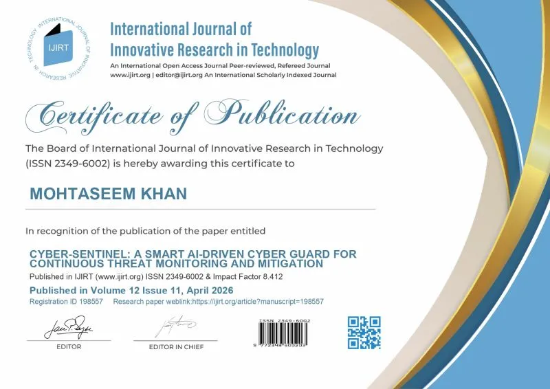 Cyber-Sentinel publication certificate, IJIRT, April 2026